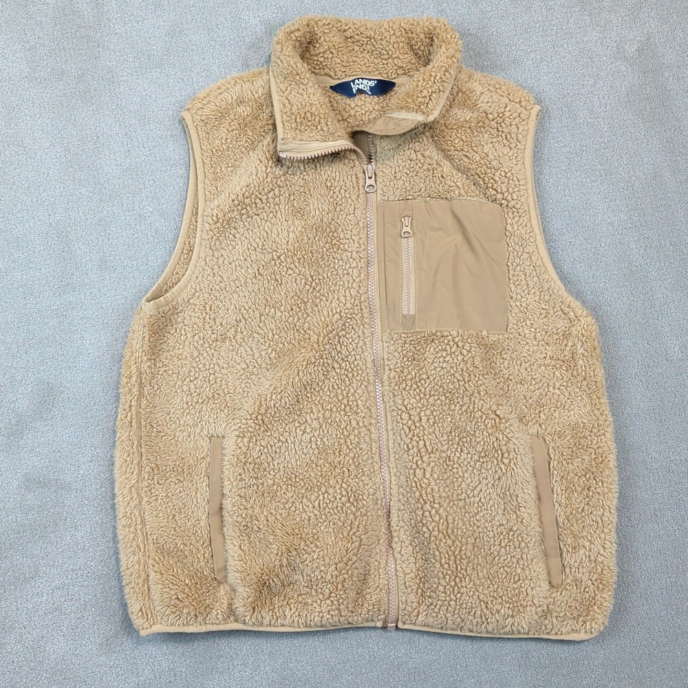 Lands' End Sherpa Fleece Vest Size XS Womens Tan Camel Full Zip Pockets JX-29